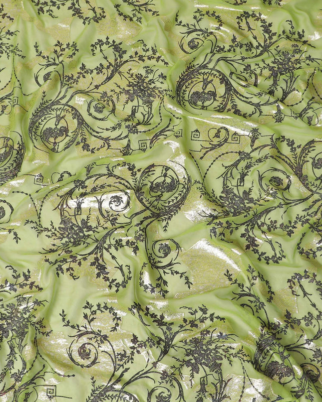 Lime green premium pure silk chiffon fabric with black flock having glitter and gold metallic lurex in floral design-D13721