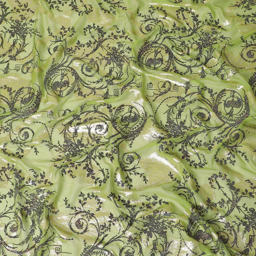 Lime green premium pure silk chiffon fabric with black flock having glitter and gold metallic lurex in floral design-D13721