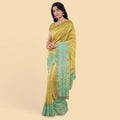 Gold to turquoise green imitation silk saree with multicolor print having gold jacquard in floral design-12783 Regal Fabrics