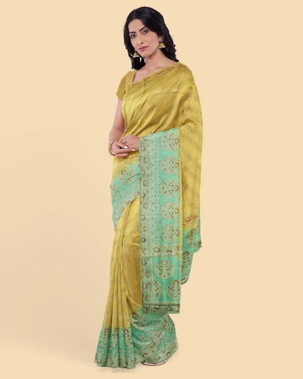 Gold to turquoise green imitation silk saree with multicolor print having gold jacquard in floral design-12783 Regal Fabrics