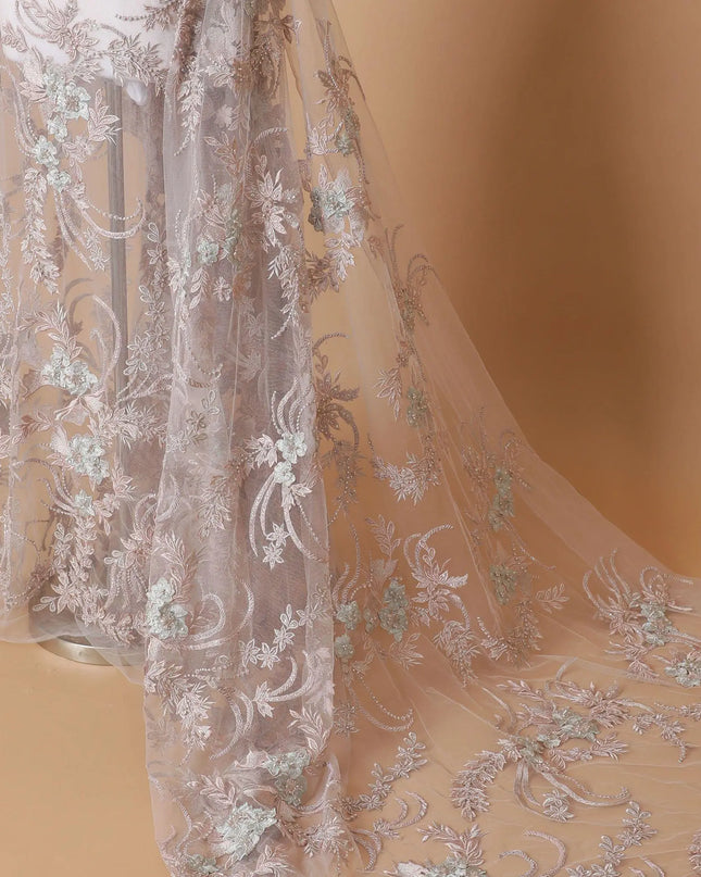 Onion pink Premium wedding nylon tulle fabric with same tone embroidery, beads,  pearls, beads, sequins and powder blue  applique work in floral design-D7912 Regal Fabrics