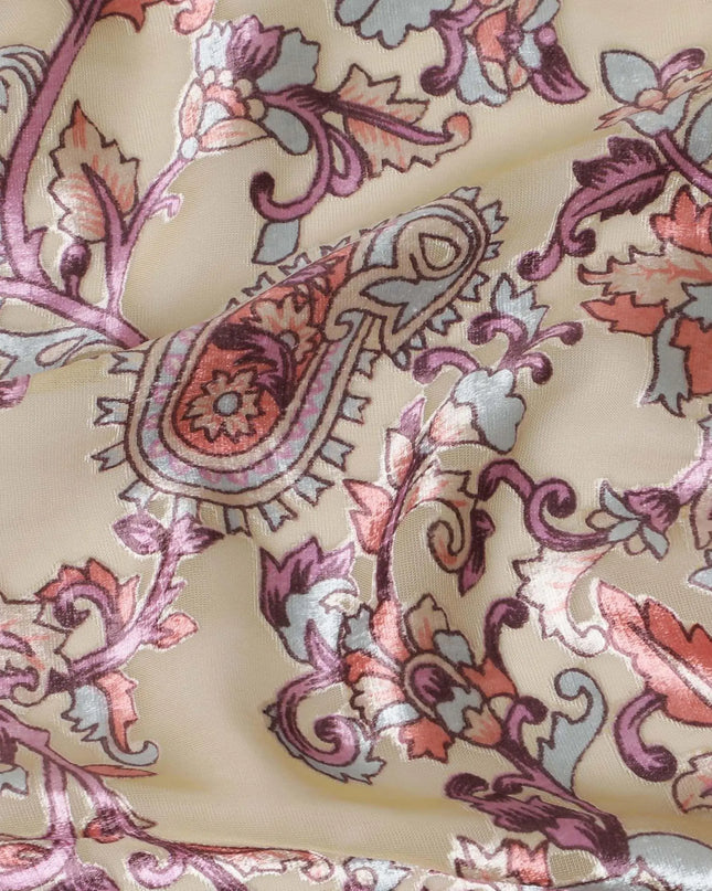 Gold synthetic chiffon fabric with multicolor velvet burnout print in paisley design-D14170 Regal Fabrics