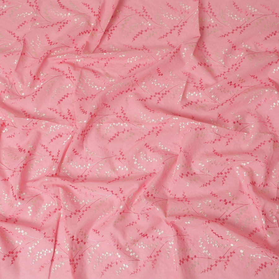 قماش الفوال القطني الخالص الفاخر باللون الوردي الوردي بنفس اللون والتطريز البيج بتصميم أوراق الشجر -D13703