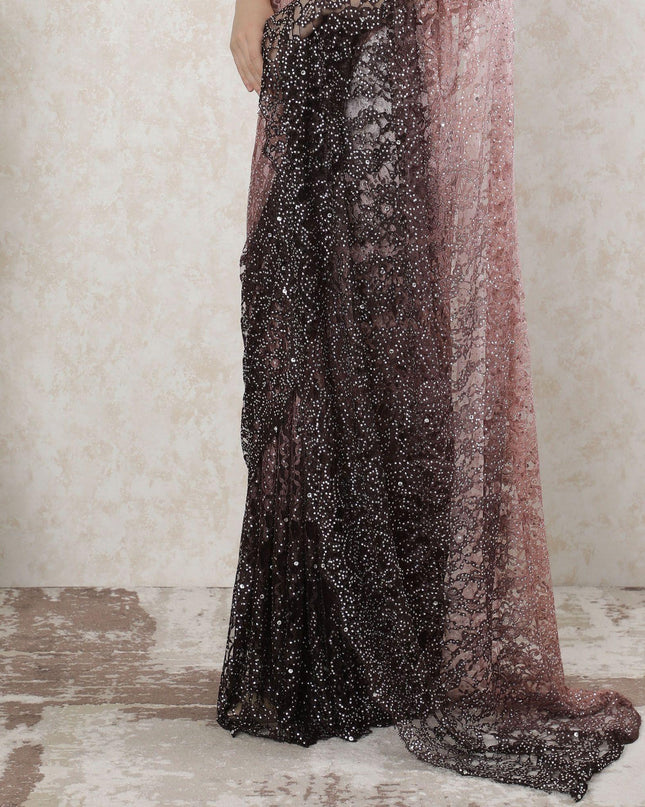 Light pink to mocha brown Premium Pure French chantilly lace saree having stone work in Ombre design-D14488