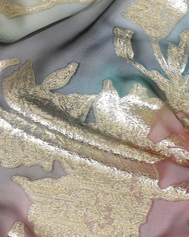 شيفون من الحرير الخالص متعدد الألوان مع لوريكس معدني ذهبي بتصميم الأزهار-D11379