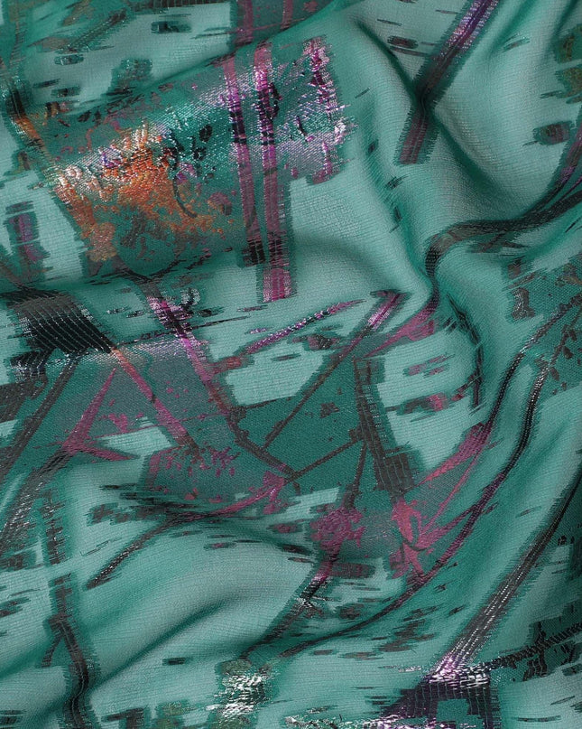 قماش من الشيفون الحريري الخالص الفاخر باللون الأخضر الزجاجي مع لوريكس معدني متعدد الألوان بتصميم تجريدي -D9657