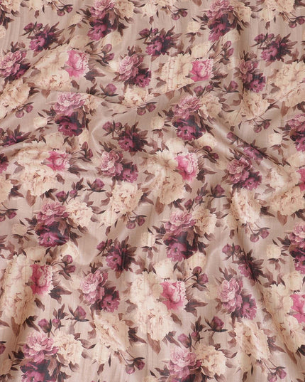 نسيج حرير توسار بني من خشب بورليوود مع طباعة باللون الوردي الساخن والأسود والبيج والبني الموكا بتصميم الأزهار-D6142