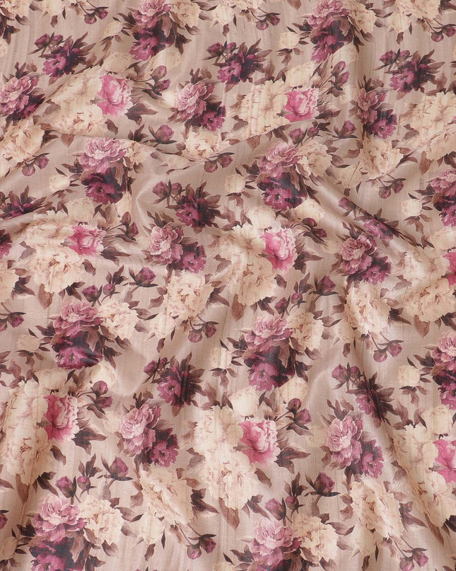نسيج حرير توسار بني من خشب بورليوود مع طباعة باللون الوردي الساخن والأسود والبيج والبني الموكا بتصميم الأزهار-D6142