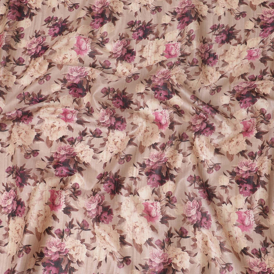 نسيج حرير توسار بني من خشب بورليوود مع طباعة باللون الوردي الساخن والأسود والبيج والبني الموكا بتصميم الأزهار-D6142