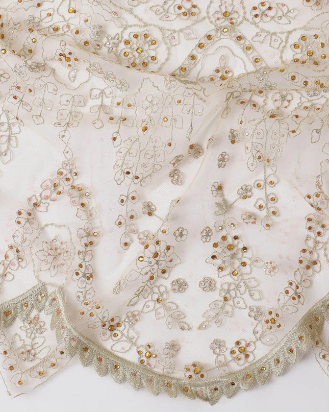 Gold nylon tulle fabric with same tone embroidery having multicolor stone work-D11684 Regal Fabrics