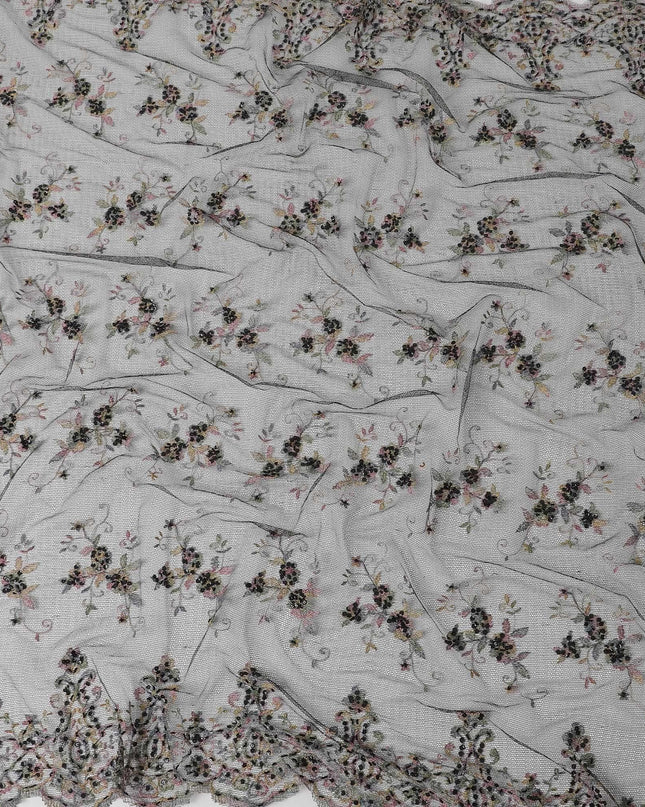 Black nylon nylon tulle fabric with black sequins, beads and multicolor embroidery in floral design