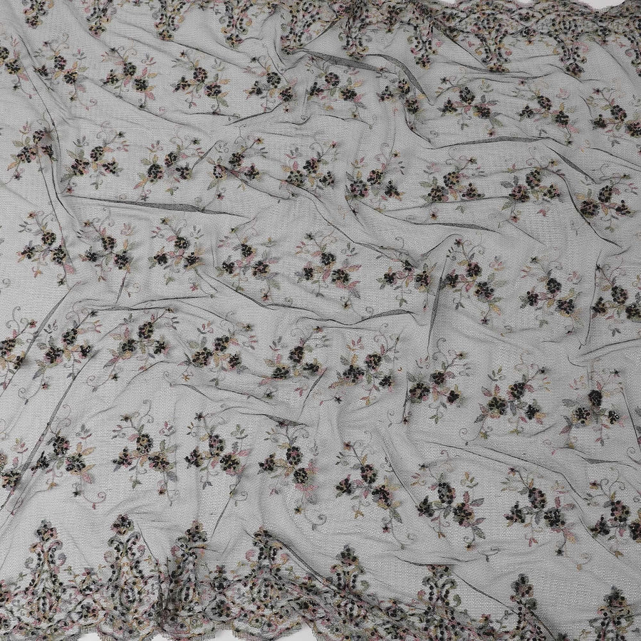 Black nylon nylon tulle fabric with black sequins, beads and multicolor embroidery in floral design