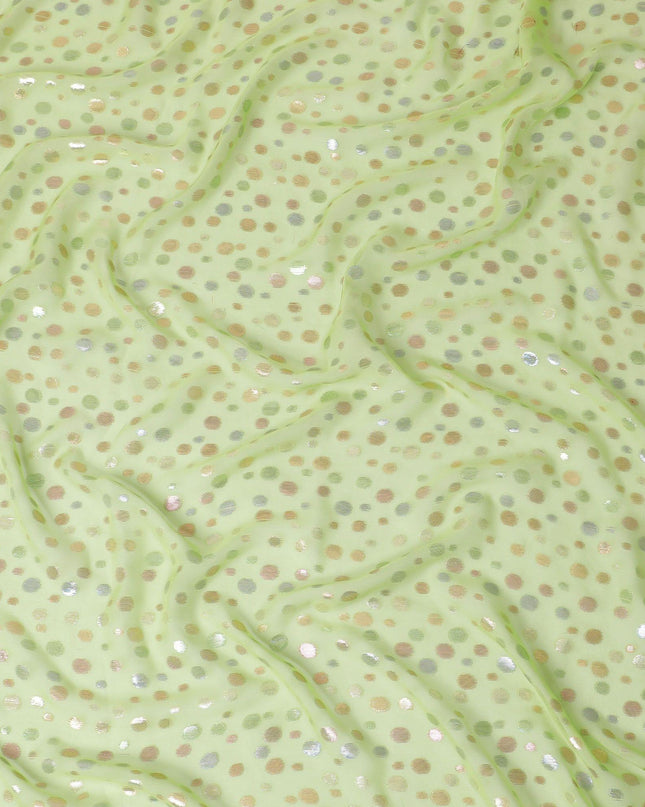 Lime green Premium pure silk chiffon fabric with multicolor metallic lurex in dot design-D15337