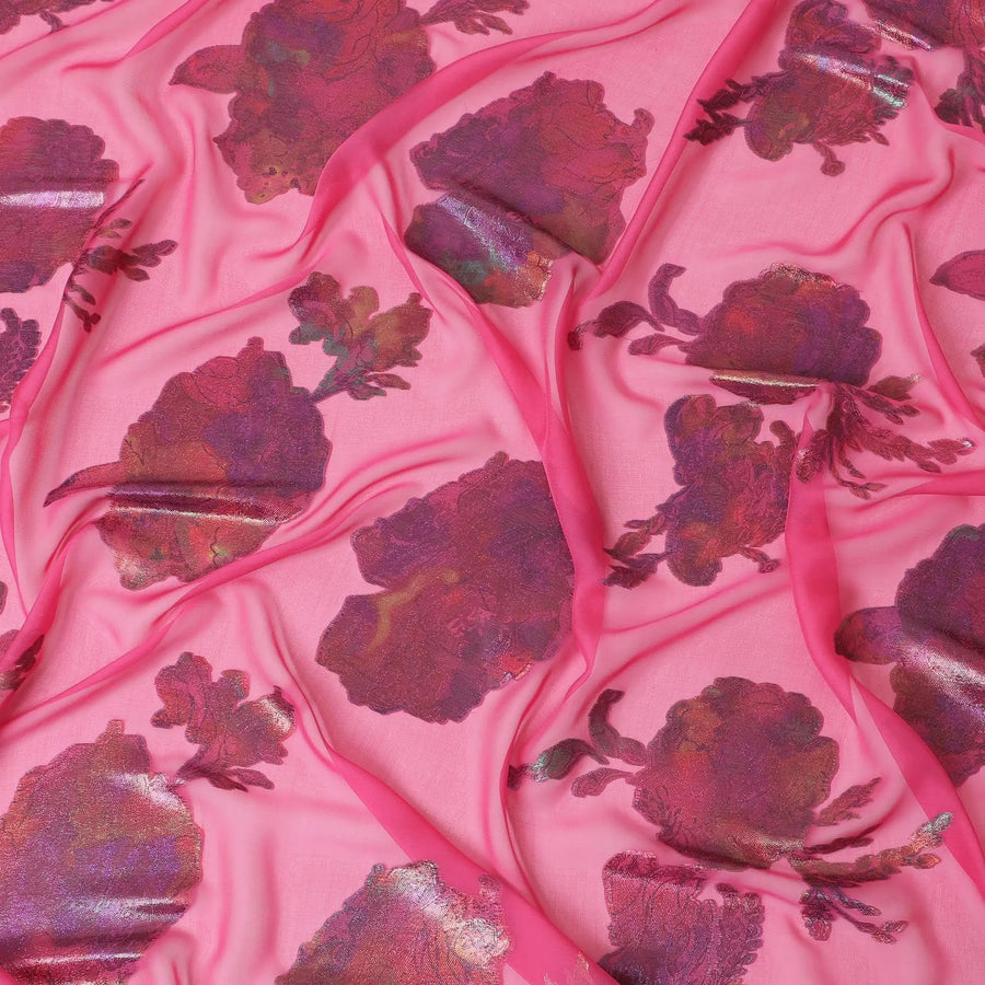 Hot pink Premium pure silk chiffon fabric with multicolor metallic lurex in floral design-D9701 Regal Fabrics