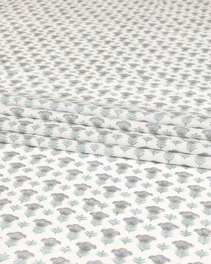 Off white cotton lawn fabric with sage green, olive green and light lavender print in floral design-D8437 Regal Fabrics