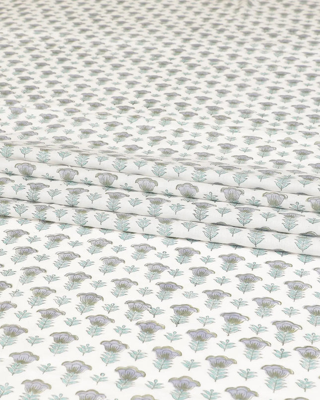 Off white cotton lawn fabric with sage green, olive green and light lavender print in floral design-D8437 Regal Fabrics