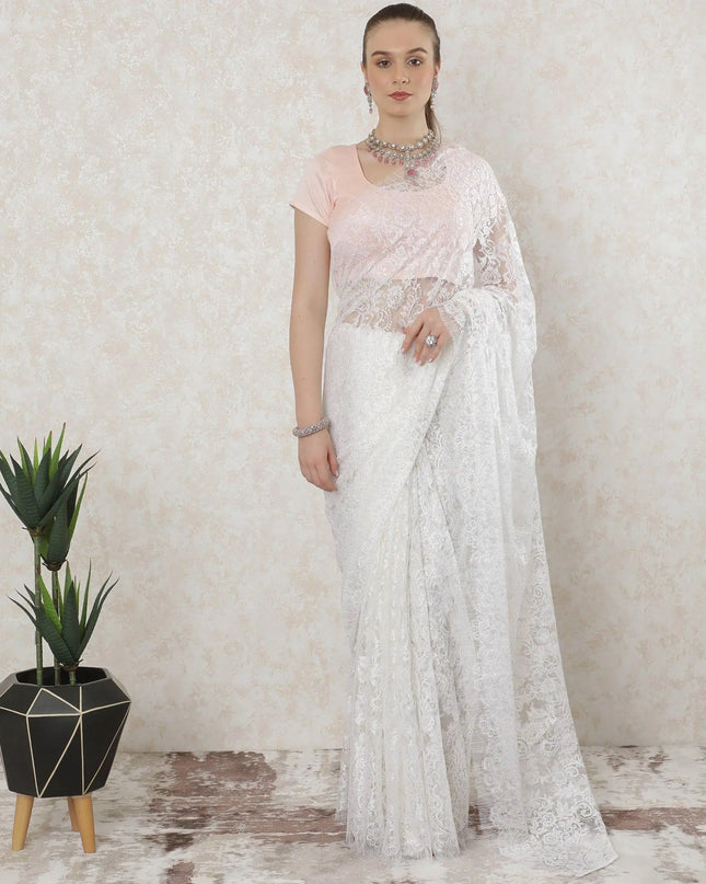 Off white premium French chantilly lace saree with multicolor metallic lurex in floral design-D11459 Regal Fabrics