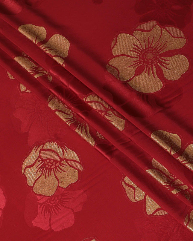 Barn red premium pure silk crepe fabric with gold metallic lurex in floral design-D13709