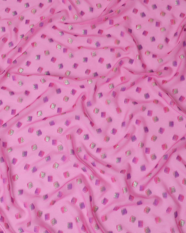Hot pink premium pure French (Fransawi) silk chiffon fabric with same tone, purple viscose having gold and silver metallic lurex in abstract design-D14230