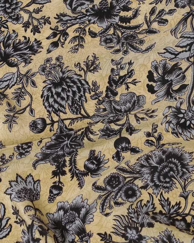 Sage green silk crepe fabric with black and grey print in floral design-D8397 Regal Fabrics