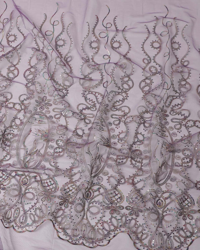 Plum purple nylon tulle fabric with multicolor sequins and embroidery in abstract design Regal Fabrics