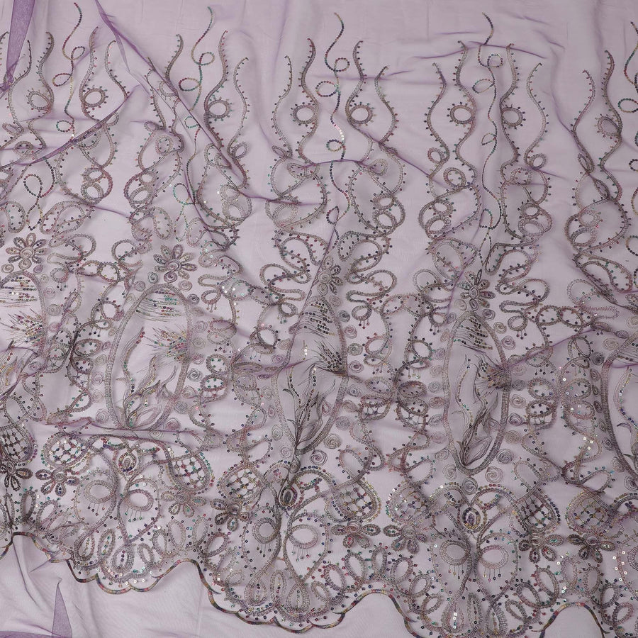 قماش تول من النايلون باللون الأرجواني البرقوقي مع ترتر متعدد الألوان وتطريز بتصميم تجريدي