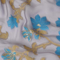 Light lilac Premium pure French (Fransawi) silk chiffon fabric with blue, gold viscose having gold metallic lurex in floral design-D15638