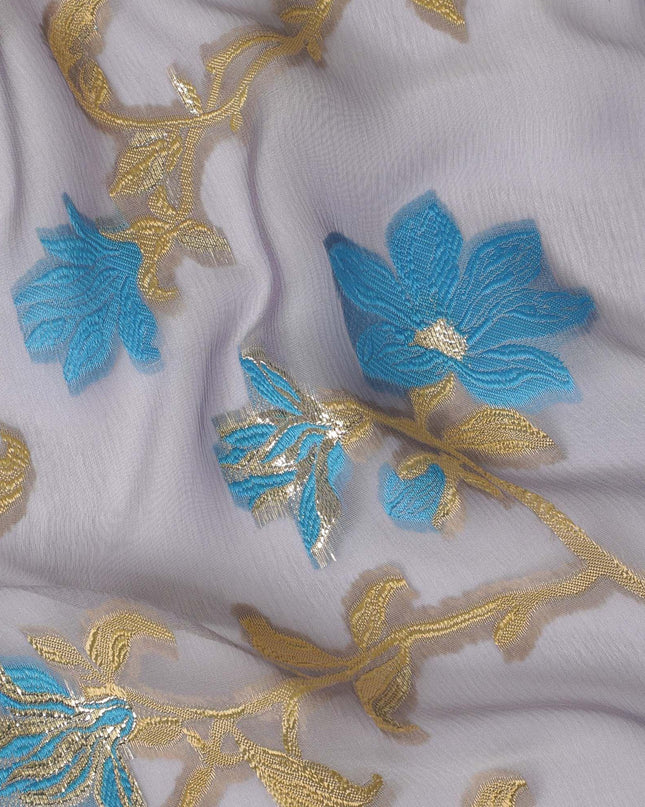 Light lilac Premium pure French (Fransawi) silk chiffon fabric with blue, gold viscose having gold metallic lurex in floral design-D15638