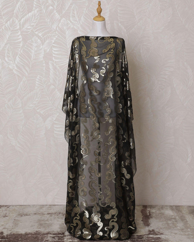 Black Premium pure French (Fransawi) silk chiffon dirac fabric with gold metallic lurex in floral design-D15624
