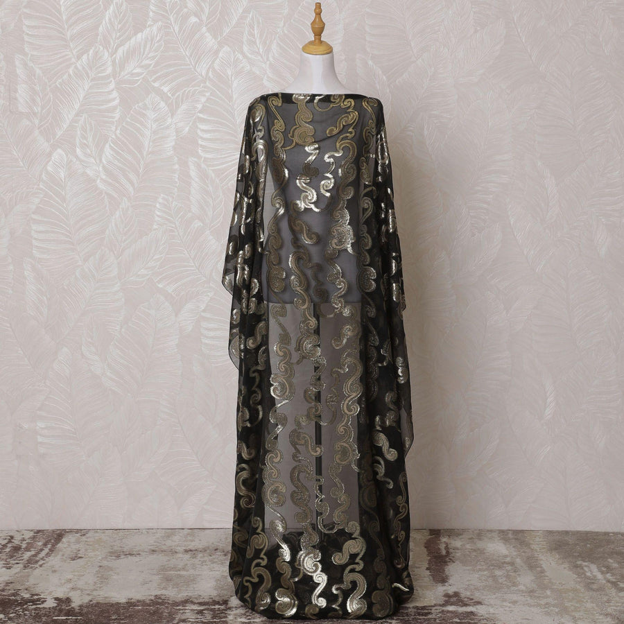 Black Premium pure French (Fransawi) silk chiffon dirac fabric with gold metallic lurex in floral design-D15624