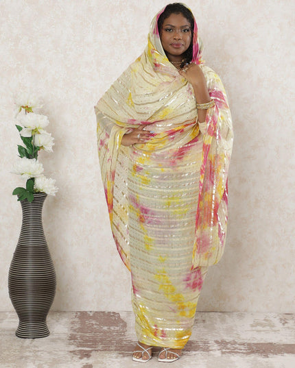 Multicolor Premium synthetic chiffon thobe with gold metallic foil print in stripe design-D14387 Regal Fabrics
