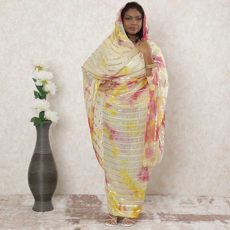 Multicolor Premium synthetic chiffon thobe with gold metallic foil print in stripe design-D14387 Regal Fabrics