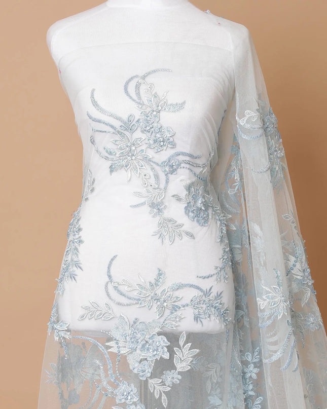 Powder blue Premium wedding nylon tulle fabric with same tone, off white embroidery, applique work and beadwork in floral design-D7914 Regal Fabrics