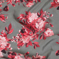 Graphite grey premium pure silk crepe fabric with ruby pink, maroon and light peach print floral design-D9406 Regal Fabrics