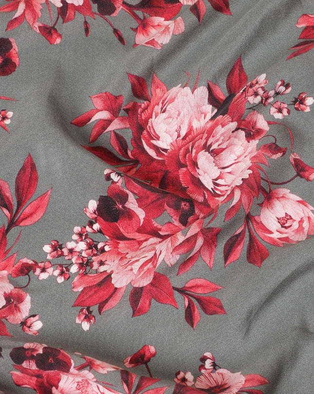Graphite grey premium pure silk crepe fabric with ruby pink, maroon and light peach print floral design-D9406 Regal Fabrics