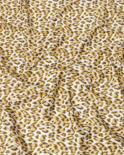 Off white cotton satin fabric with light mustard and brown print in animal skin design-D6996 Regal Fabrics