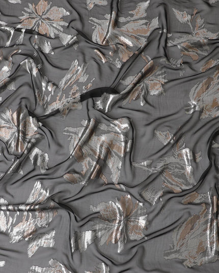 Black French silk chiffon fabric with multicolor metallic lurex in abstract design-D6487