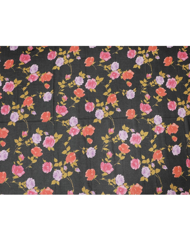 Black Swiss cotton voile fabric with gold, creamy pink and lilac print in floral design