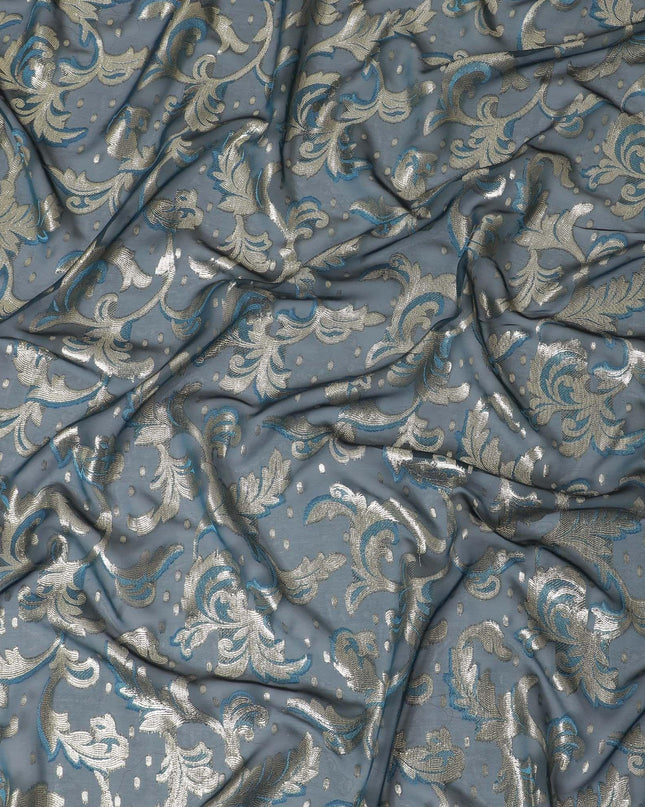 قماش شيفون حريري فرنسي (فرنساوي) فاخر باللون الأزرق البترولي مع الفيسكوز الأزرق والوركس المعدني الذهبي بتصميم الأزهار-D10586