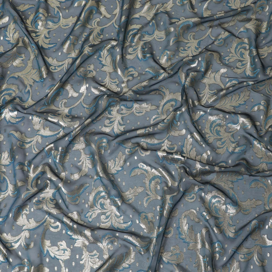Petrol blue premium pure French (Fransawi) silk chiffon fabric with blue viscose and gold metallic lurex in floral design-D10586 Regal Fabrics