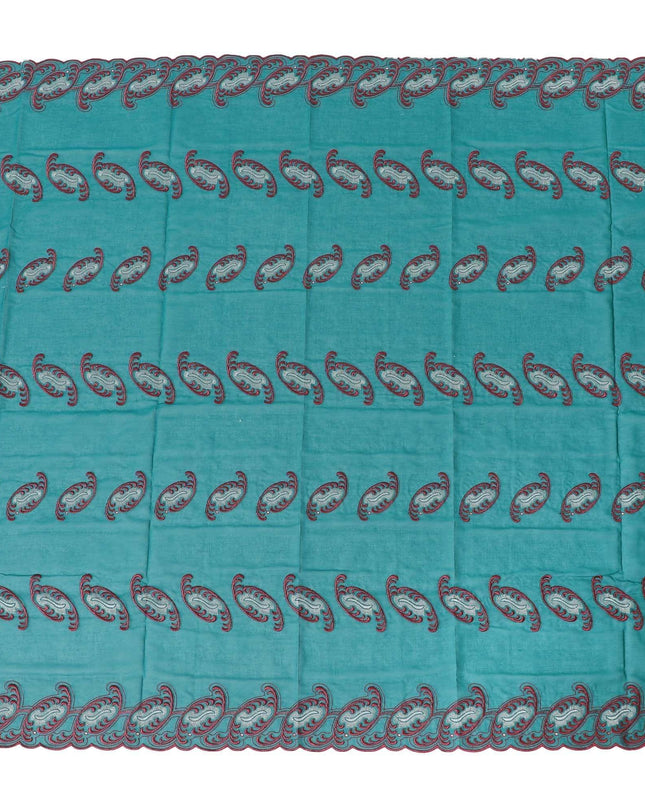 قماش فوال من القطن السويسري باللون الأخضر البحري مع تطريز معدني باللون الأحمر والبيج ومتعدد الألوان بتصميم الأزهار-D6320