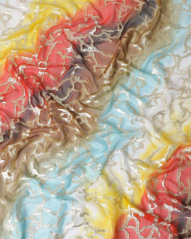 شيفون من الحرير الخالص متعدد الألوان مع لوريكس معدني ذهبي بتصميم تجريدي -D11366