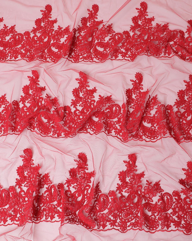 قماش تول نايلون أحمر كاندي أبل مع تطريز فاخر بتصميم بيزلي-D11751