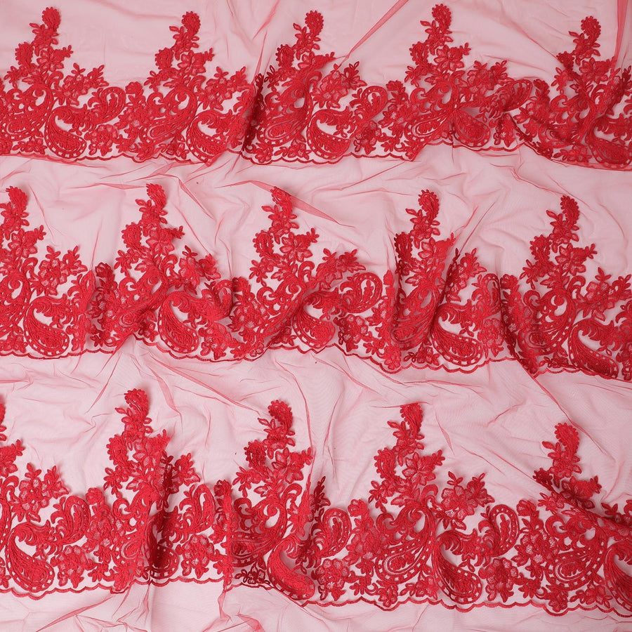 قماش تول نايلون أحمر كاندي أبل مع تطريز فاخر بتصميم بيزلي-D11751
