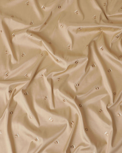 Pine brown raw silk fabric with blue & cream embroidery in floral design-11221