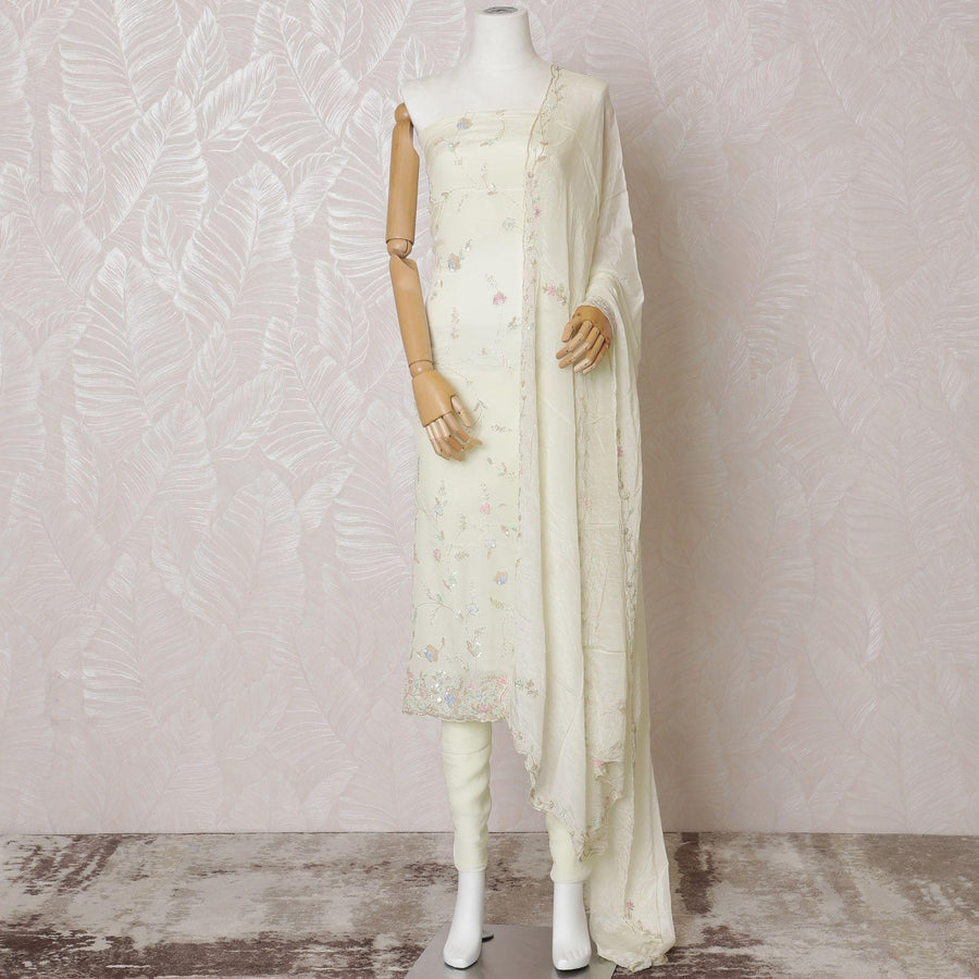 Cream Premium pure silk crepe kameez with multicolor bead and sequin embroidery in floral design. Cream plain salwar having same tone chiffon dupatta with multicolor bead and sequin embrodiery-D15003