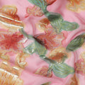 Rose pink premium pure silk chiffon fabric with multicolor hand printed and metallic lurex in floral design-D10429