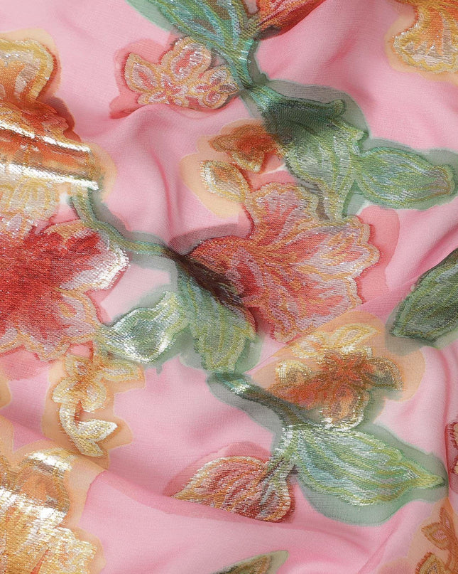 قماش شيفون حريري نقي فاخر باللون الوردي الوردي مع طباعة يدوية متعددة الألوان ولوريكس معدني بتصميم زهور-D10429