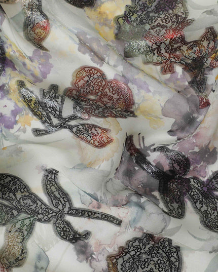 قماش شيفون من الحرير الخالص الفاخر باللون الأخضر الغار مع طباعة متعددة الألوان ولوريكس معدني بتصميم زهور-D13238