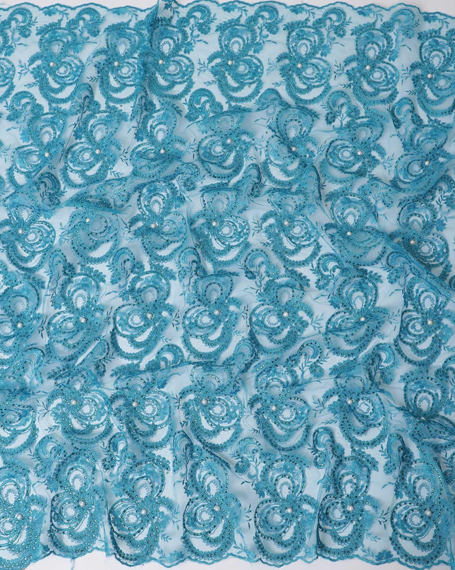 Steel blue nylon tulle fabric with same tone embroidery and beads in floral design having stone work-D11699 Regal Fabrics